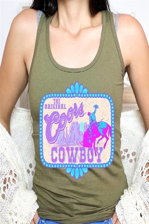 PO-1533-E2332-MIL - COORS COWBOY WESTERN GRAPHIC RACERBACK TANK TOP- MILITARY GREEN-2-2-2-2