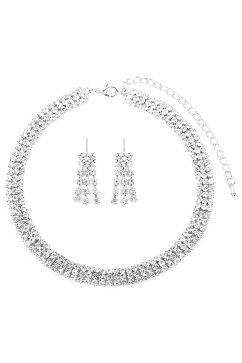 S25-8-4-15370CR-S - TRIPLE LINE CHOKER NECKLACE AND EARRING SET - SILVER/6PCS