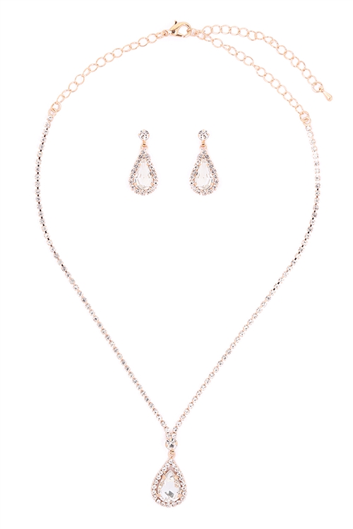 S4-4-3-15462CR-G - RHINESTONE TEARDROP NECKLACE AND EARRING SET-CRYSTAL GOLD/6PCS