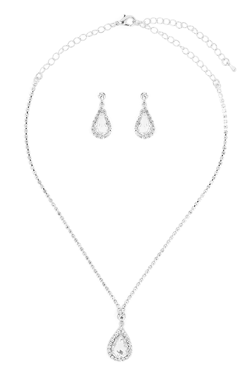 S25-8-3-15462CR-S - RHINESTONE TEARDROP NECKLACE AND EARRING SET-CRYSTAL SILVER/6PCS