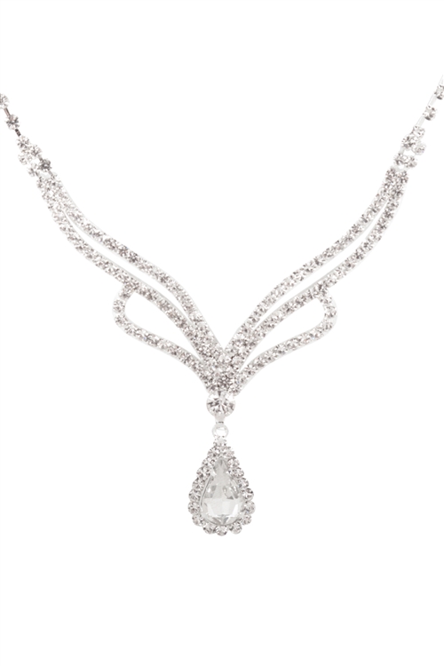 S4-5-3-15493CR-S - RHINESTONE DROP STONE BRIDAL NECKLACE AND EARRING SET - CRYSTAL SILVER/6PCS