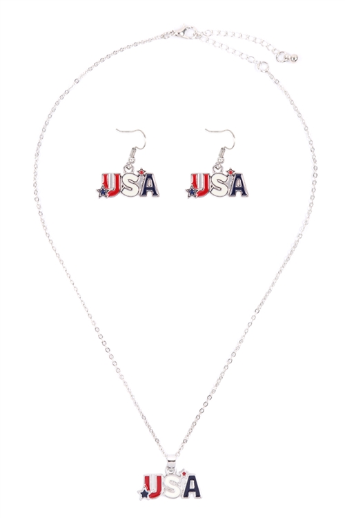 S19-8-1-15616-S - USA WITH STAR NECKLACE AND EARRING SET - SILVER/6PCS