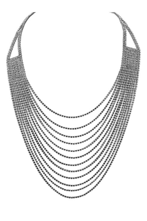 S24-3-3-16070CR-BN - RHINESTONE 12 ROW LAYERED NECKLACE - CRYSTAL BURNISH/1PC