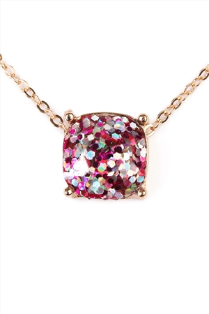 A1-4-3-16355FUG FUCHSIA GOLD CUSHION CUT GLITTER NECKLACE/1PC