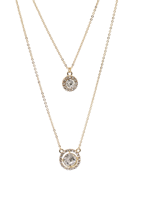 S4-4-3-16663CR-G - ROUND HALO CUBIC ZIRCONIA 2 STRANDS NECKLACE - CRYSTAL GOLD/6PCS