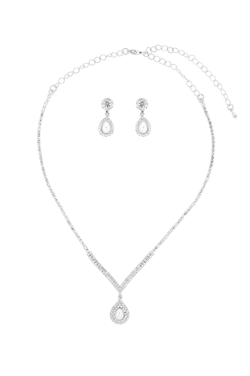 S4-4-2-16918CR-S - RHINESTONE  TEARDROP PEARL NECKLACE AND EARRING SET-CRYSTAL SILVER/6PCS