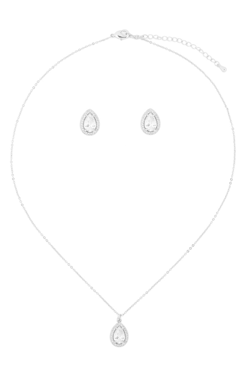 A2-2-4-16930CR-S - CUBIC ZIRCONIA PEAR SHAPE NECKLACE AND EARRINGS SET - CRYSTAL SILVER/6PCS