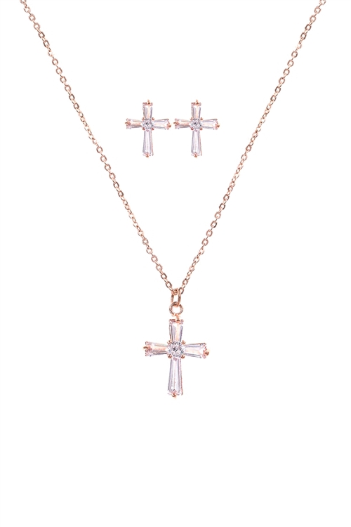 S17-4-2-16931CR-RG - ORG CUBIC ZIRCONIA CROSS  PENDANT NECKLACE AND EARRING SET - CRYSTAL ROSE GOLD/6PCS