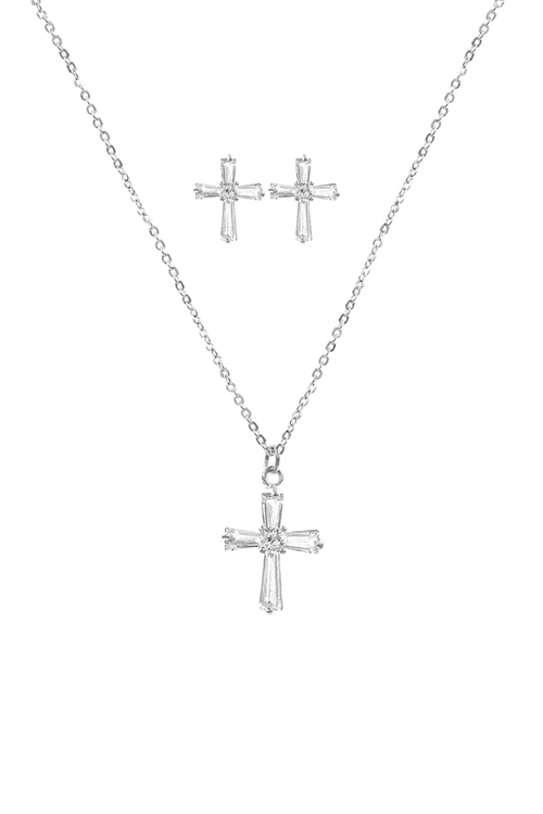 S17-4-2-16931CR-S - ORG CUBIC ZIRCONIA CROSS  PENDANT NECKLACE AND EARRING SET - CRYSTAL SILVER/6PCS