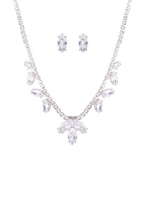 S6-6-4-17040CR-S - CUBIC ZIRCONIA SPROUT DESIGN BRIDAL  NECKLACE AND EARRING SET-CRYSTAL SILVER/1PC