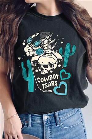 PO-1717-E2313-B - COWBOY TEARS SKULL WESTERN GRAPHIC GARMENT DYED T SHIRTS- BLACK-2-2-2-2