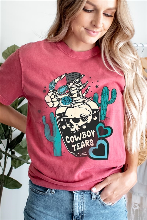 PO-1717-E2313-CRIM - COWBOY TEARS SKULL WESTERN GRAPHIC GARMENT DYED T SHIRTS- CRIMSON-2-2-2-2