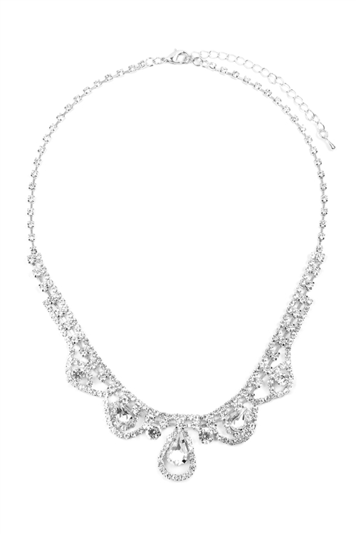 S25-8-3-17293CR-S - ELEGANT BRIDAL CUBIC ZIRCONIA NECKLACE AND EARRING SET - CRYSTAL SILVER/6 SETS
