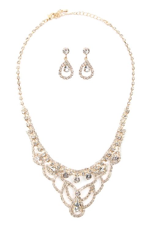 S25-8-3-17294CR-G - ELEGANT BRIDAL CUBIC ZIRCONIA NECKLACE AND EARRINGS SET - CRYSTAL GOLD/6SETS