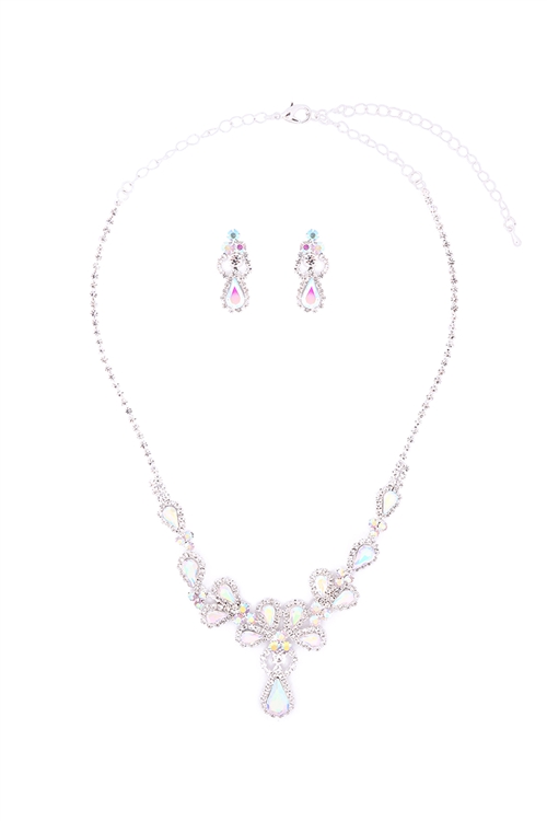 S1-1-4-17310ABCR-S - RHINESTONE TEARDROP WEDDING NECKLACE AND EARRING SET-CRYSTAL SILVER/6PCS
