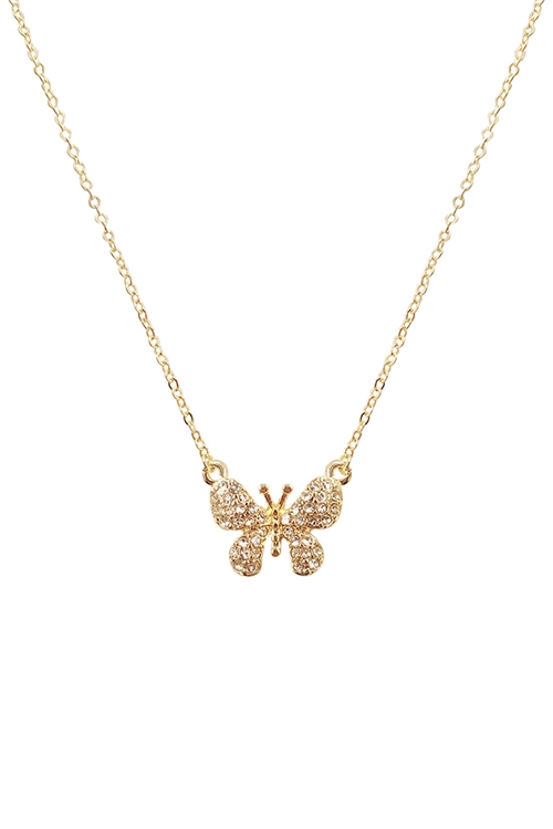 S1-1-4-17328CR-G - BUTTERFLY PAVE CHARM  PENDANT NECKLACE - CRYSTAL GOLD/1PC