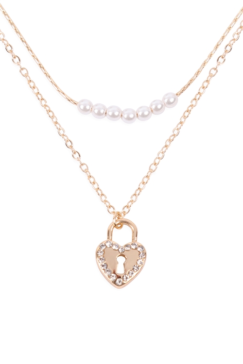 S1-4-3-17337CRWH-G - HEART LOCK & PEARL LAYERED NECKLACE CREAM WHITE GOLD/6PCS