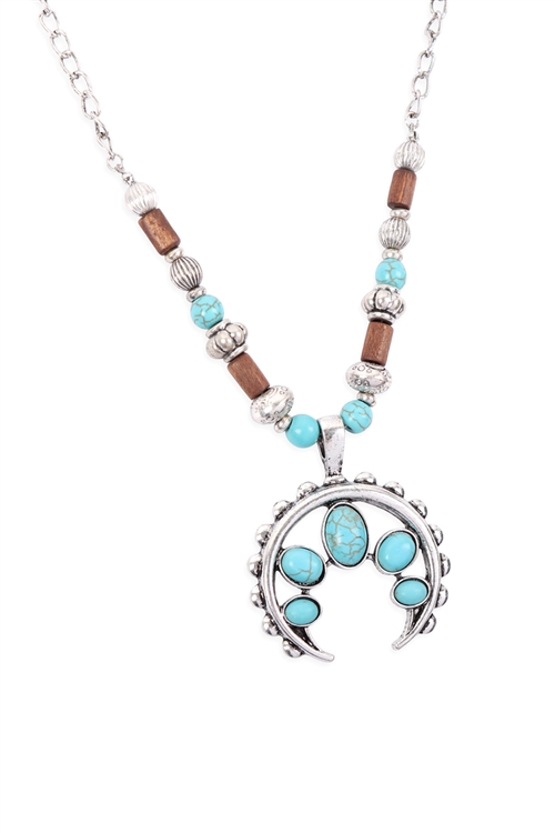 S1-4-3-17409TQ-BS - AZTEC SQUASH BLOSSOM TURQUOISE NECKLACE - BURNISH SILVER/1PC