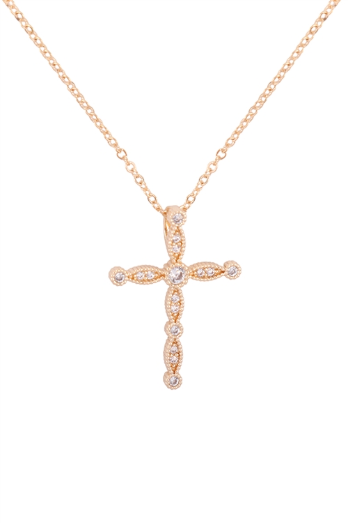 S7-5-1-17463CR-OG - CUBIC ZIRCONIA CROSS PENDANT NECKLACE - CRYSTAL MATTE GOLD/6PCS