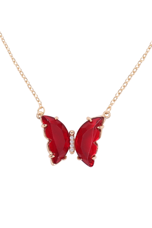 A2-1-3-17505LSI-G - GLASS BUTTERFLY CHARM NECKLACE-RED GOLD/6PCS