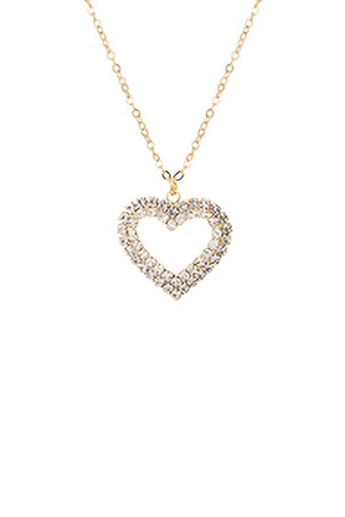 S5-4-5-17509VCR-G - RHINESTONE DOUBLE LINE HEART PENDANT NECKLACE - GOLD CRYSTAL/6PCS