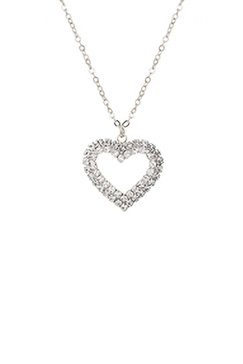 S4-4-2-17509VCR-S - RHINESTONE DOUBLE LINE HEART PENDANT NECKLACE - SILVER CRYSTAL/6PCS