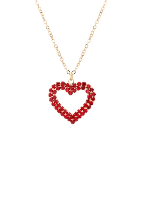S5-4-5-17509VLSI-G - RHINESTONE DOUBLE LINE HEART PENDANT NECKLACE - GOLD RED CRYSTAL/6PCS