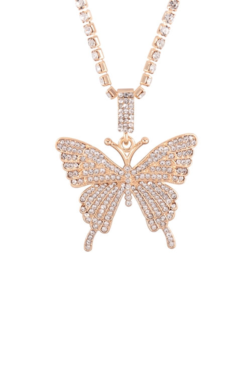 A2-2-2-17669CR-G - BUTTERFLY PAVE RHINESTONE PENDANT NECKLACE - CRYSTAL GOLD/6PCS