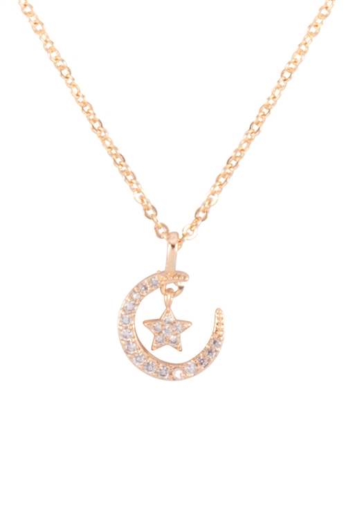 A1-3-5-17762CR-G -  PAVE CUBIC ZIRCONIA MOON AND STAR PENDANT NECKLACE - CRYSTAL GOLD/6PCS