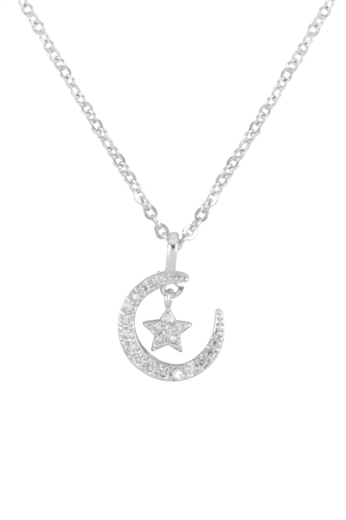 A1-3-5-17762CR-R - PAVE CUBIC ZIRCONIA MOON AND STAR PENDANT NECKLACE - CRYSTAL SILVER/6PCS