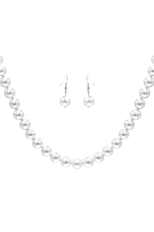 SA3-1-2-17772WH-R - 12MM PEARL KNOTTING  15IN NEKCLACE AND EARRING SET-WHITE SILVER/1PC