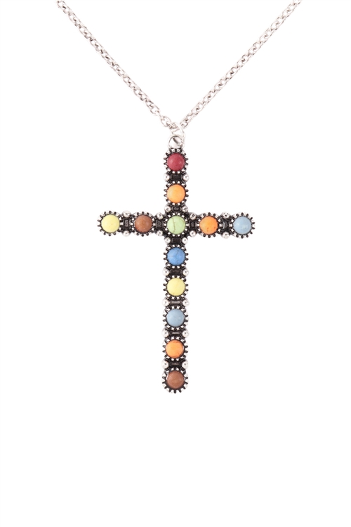 S6-4-4-17781MU-BS - BURNISH SILVER CROSS NATURAL STONE NECKLACE - MULTICOLOR/6PCS