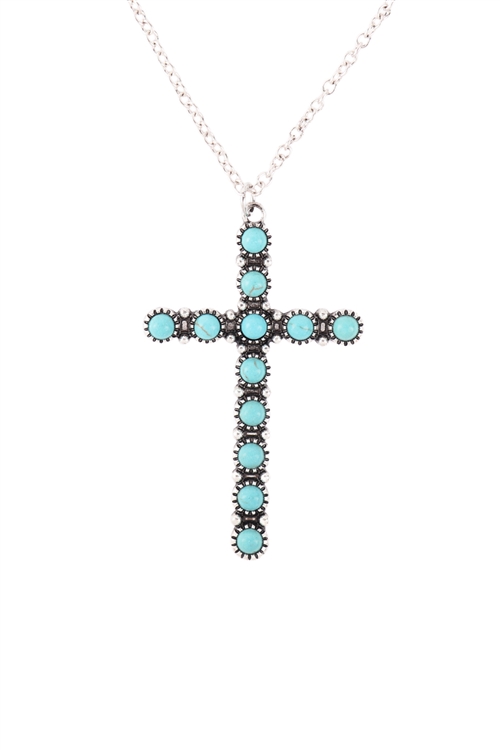 S4-4-4-17781TQ-BS - BURNISH SILVER CROSS NATURAL STONE NECKLACE - TURQUOISE/6PCS