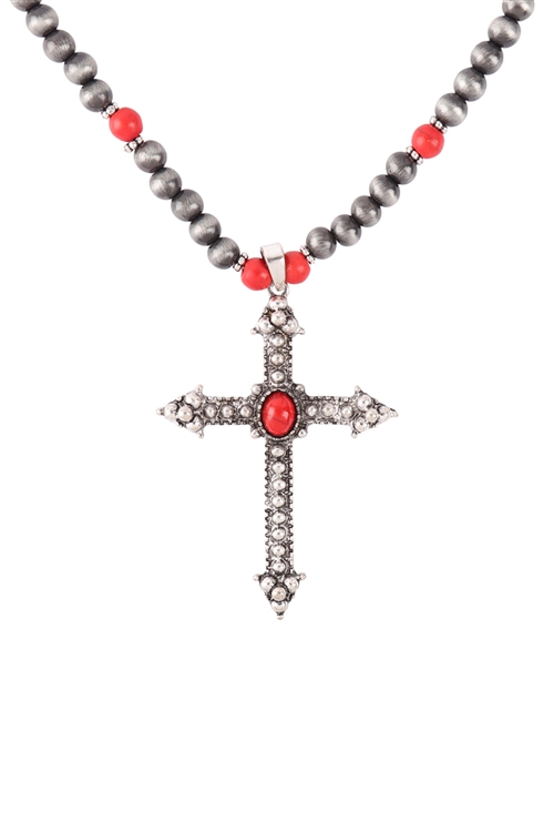 SA4-1-1-17786LSI-BS - BURNISH SILVER CROSS FAUX NAVAJO PEARL NECKLACE - RED/1PC