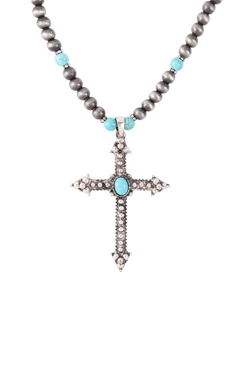 SA4-1-1-17786TQ-BS - BURNISH SILVER CROSS FAUX NAVAJO PEARL NECKLACE - TURQUOISE/1PC