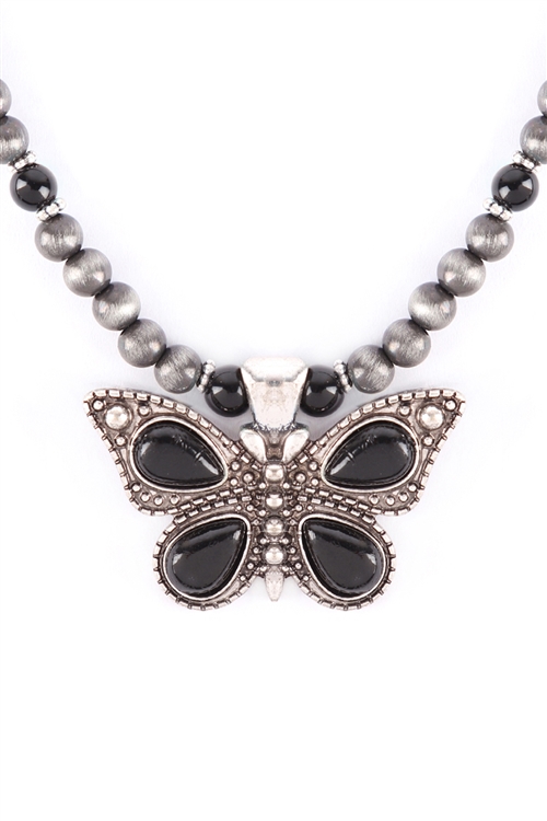 S4-5-3-17787JT-BS - BUTTERFLY FAUX NAVAJO PEARL NECKLACE - BLACK BURNISH SILVER/6PCS