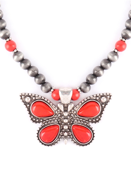 S4-5-3-17787LSI-BS - BUTTERFLY FAUX NAVAJO PEARL NECKLACE - RED BURNISH SILVER/6PCS