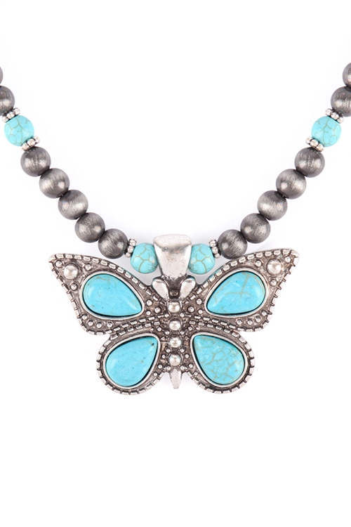 S4-5-3-17787TQ-BS - BUTTERFLY FAUX NAVAJO PEARL NECKLACE - TURQUOISE BURNISH SILVER/6PCS