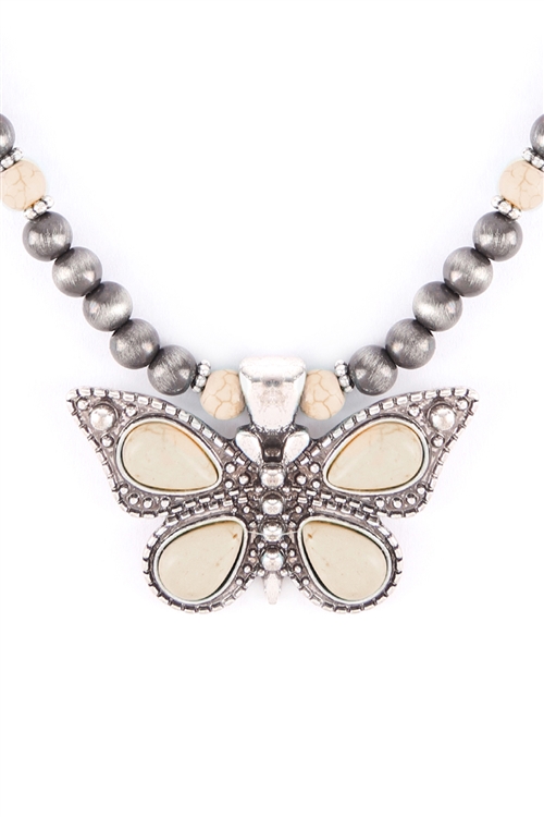 S4-5-3-17787WH-BS - BUTTERFLY FAUX NAVAJO PEARL NECKLACE - WHITE BURNISH SILVER/6PCS