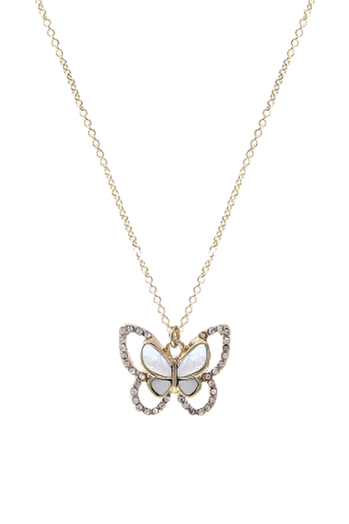 A1-3-4-17805WH-G - MOTHER PEARL BUTTERFLY PENDANT NECKLACE - WHITE GOLD/1PC