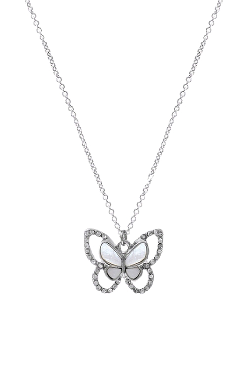 A1-3-4-17805WH-R - MOTHER PEARL BUTTERFLY PENDANT NECKLACE - WHITE SILVER/1PC