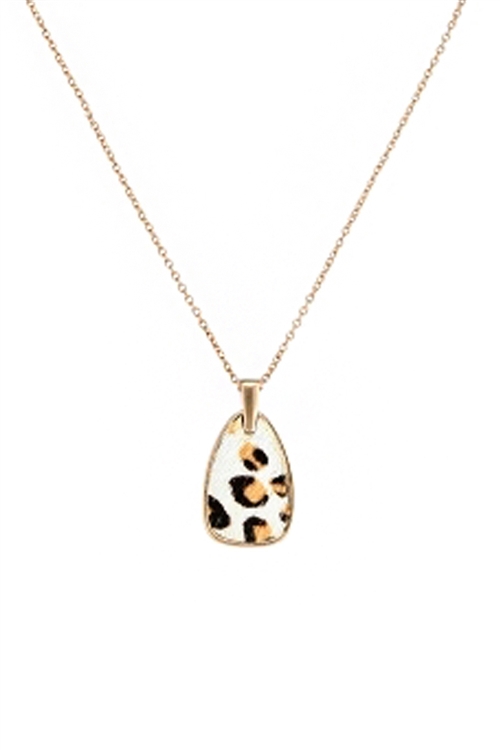 A1-3-2-17810BE-WG - ANIMAL PRINT TEARDROP PENDANT NECKLACE - LEOPARD BEIGE/6PCS