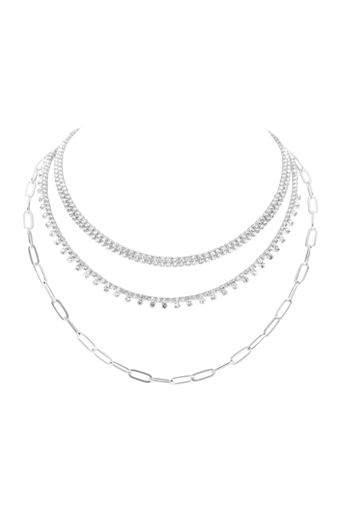 S4-4-5-17814CR-S -  RHINESTONE CHOKER CHAIN MULTI SET NECKLACE - CRYSTAL SILVER/1PC