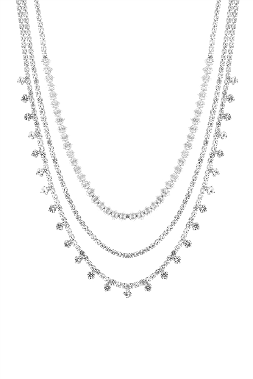 S17-12-4-17819CR-S - CUBIC ZIRCONIA W/ RHINESTONE 3 LAYERED STATEMENT NECKLACE - CRYSTAL SILVER/6PCS