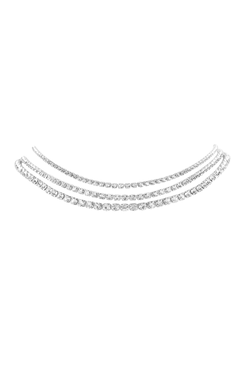S6-5-2-17827CR-S - RHINESTONE 3 VARIOUS SIZE CHOKER SET NECKLACE - CRYSTAL SILVER/6PCS