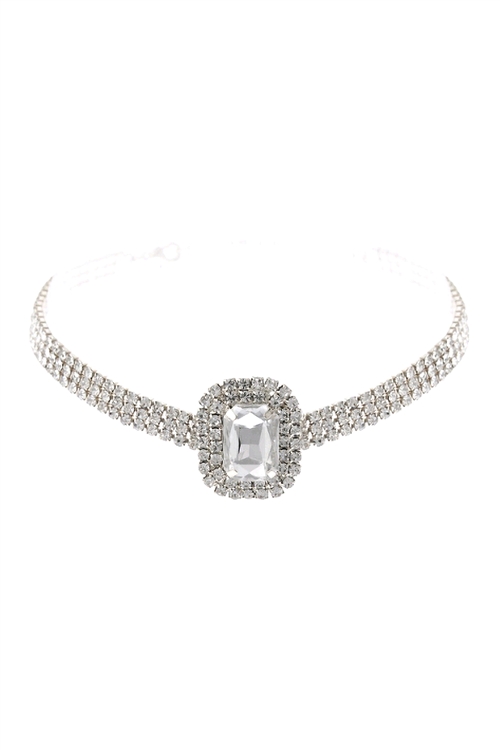 S6-5-2-17830CR-S - BIG RECTANGLE RHINESTONE 3 ROW CHOKER NECKLACE-CRYSTAL SILVER/1PC