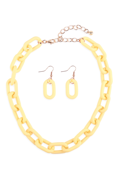 S18-10-4-17866JO-G - COLOR RUBBER COATED LINK CHAIN NECKLACE AND EARRING SET - YELLOW GOLD/6PCS