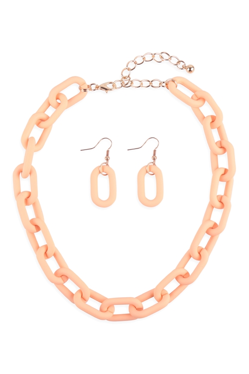 S18-10-4-17866LPE-G - COLOR RUBBER COATED LINK CHAIN NECKLACE AND EARRING SET - LIGHT PEACH GOLD/6PCS