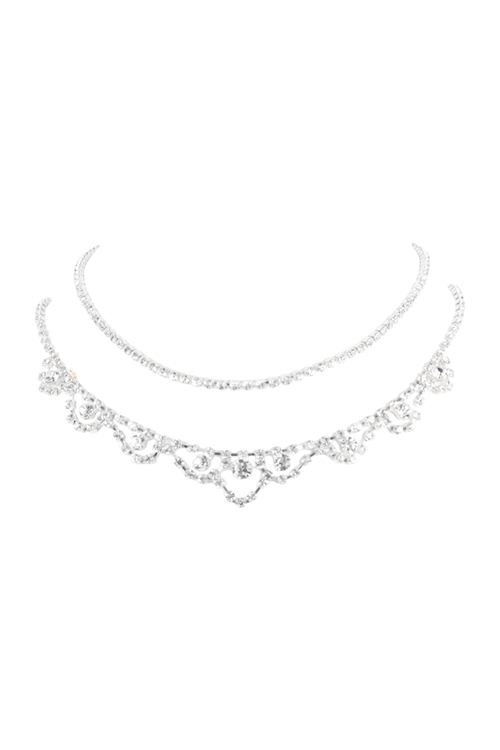 S5-6-5-17873CRS - RHINESTONE LAYERED BRIDAL CHOKER COLLAR NECKLACE - CRYSTAL SILVER/6PCS