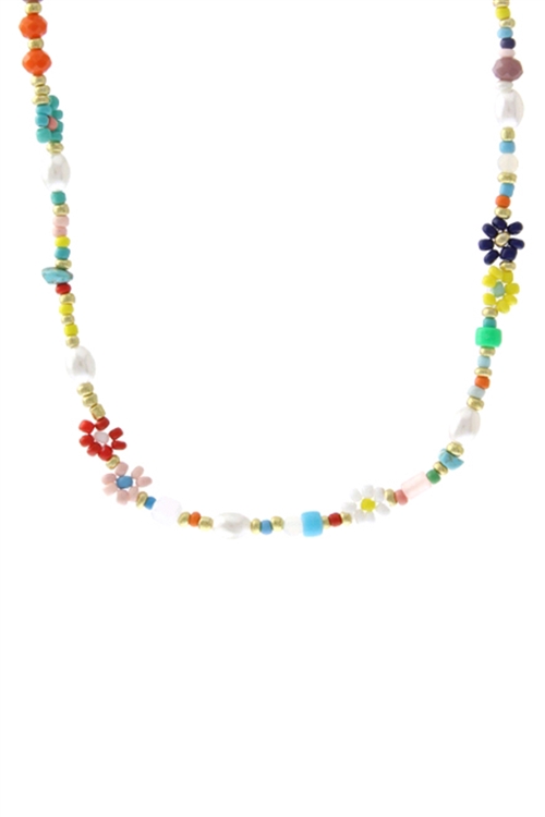 A2-3-3-17931MU-G - PEARL MULTI BEAD FLOWER NECKLACE - MULTICOLOR GOLD/6PCS